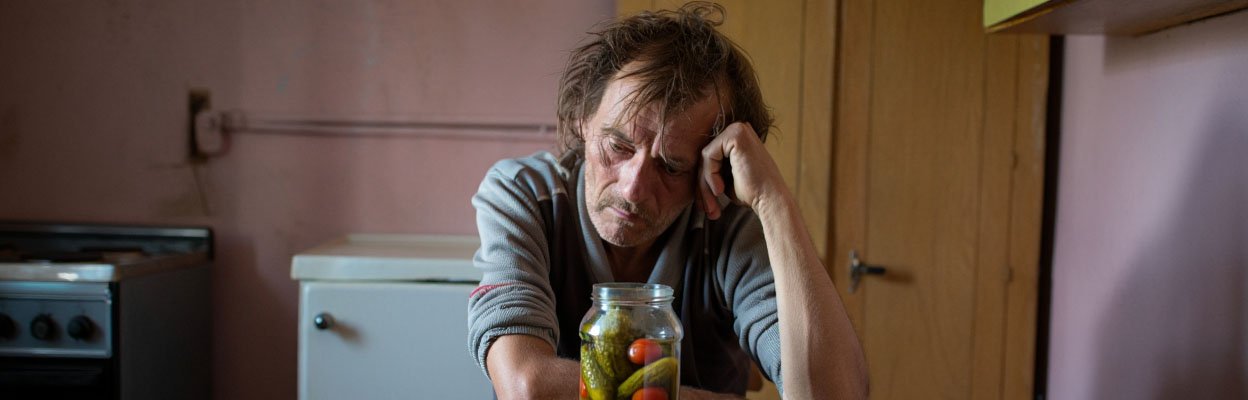 Мужчина пьет рассол от огурцов и помидоров